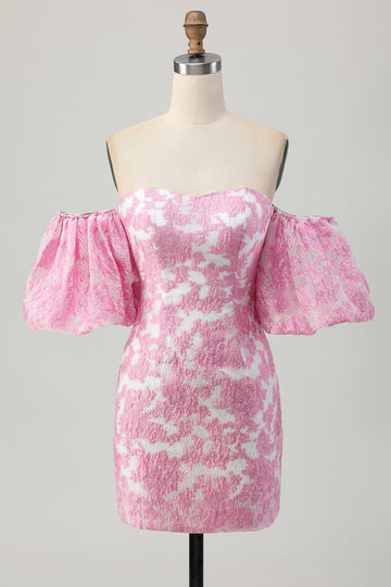Pink Floral Off the Shoulder Short Prom Dress with Detachable Sleeves